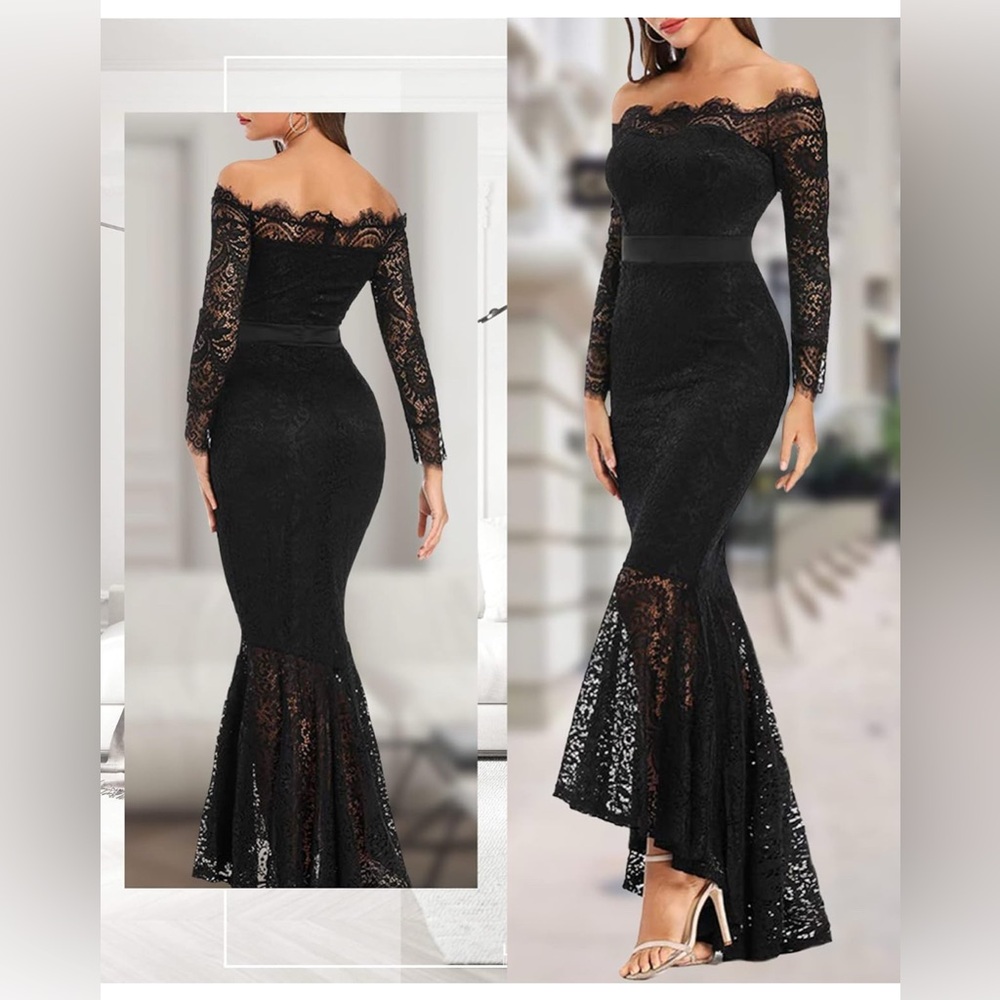 Black Long Sleeve Lace Detail Gown - Picture 3 of 11